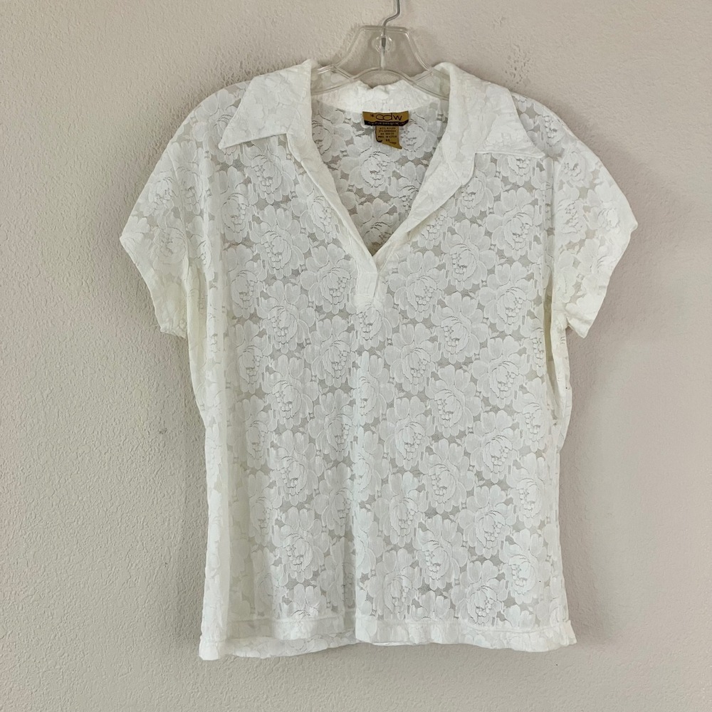 Vintage Sheer Floral Lace Top M Coquette 90s Y2K Whimsigoth Romantic BohoWhite